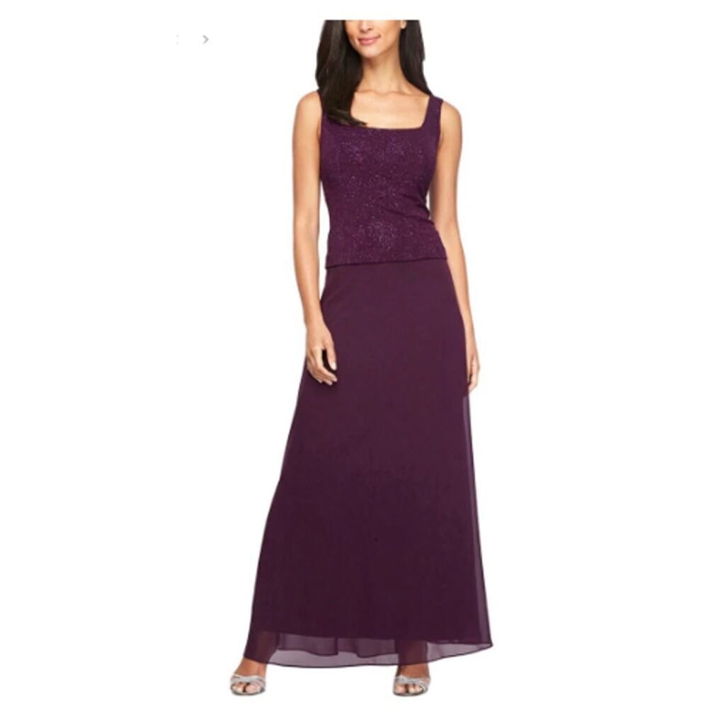 Alex Evenings Dress Women's Plus 16W Purple Glitter Jacquard Knit Maxi Gown NWT
